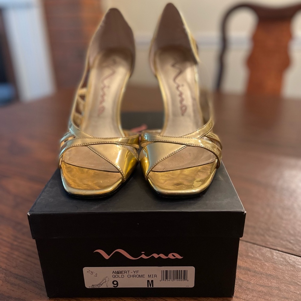 Nina Gold Peep-Toe Heels with Bow Detail
